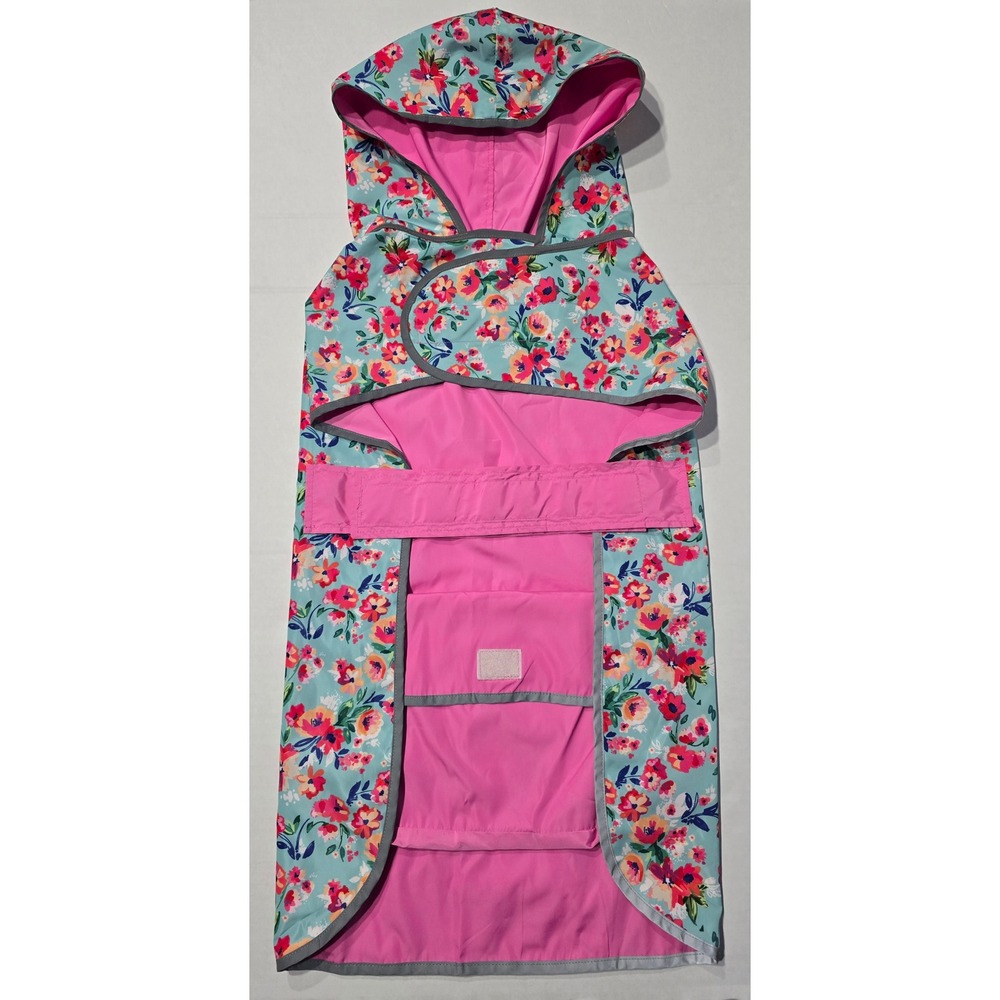 XXL Reversible Floral Dog Raincoat Pink Blue Reflective Trim Hooded Pet Poncho
